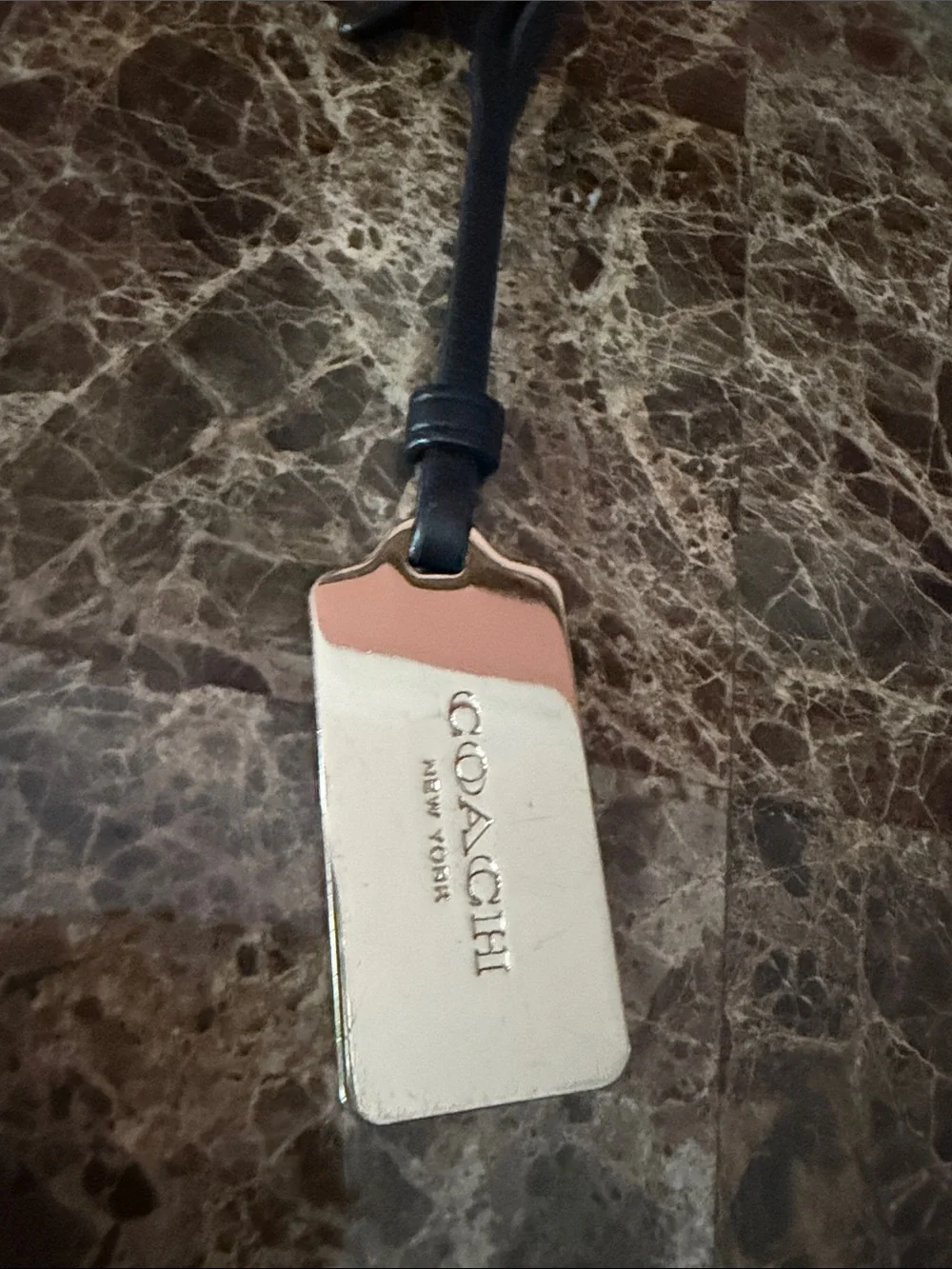 Coach Silver Metal Logo Tag with Black Leather Strap